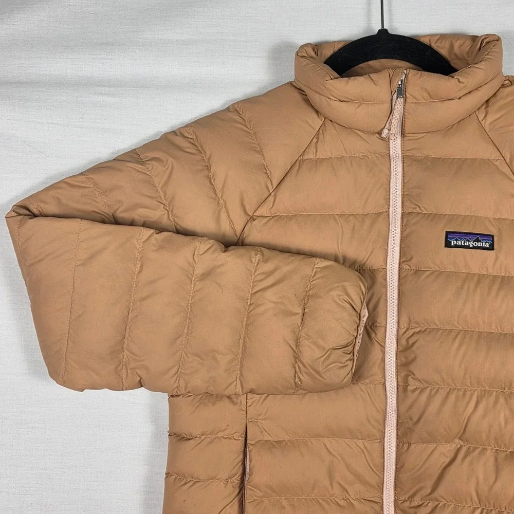 Patagonia‎ Down 600 Fill Jacket Kids XL Tan Pink Puffer Hoodless Full Zip Warm